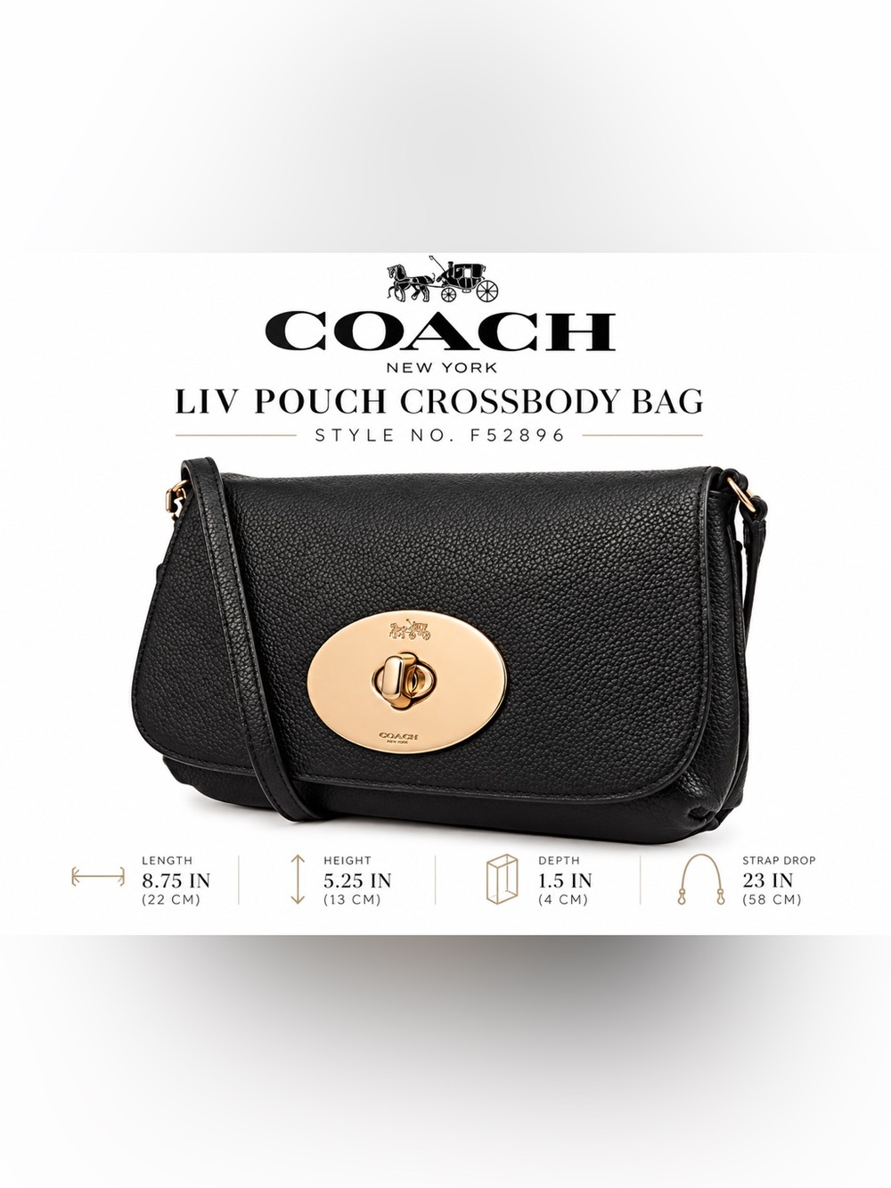 Coach Liv Pouch F52896 Black Pebbled Leather Turnlock Crossbody Bag Gold